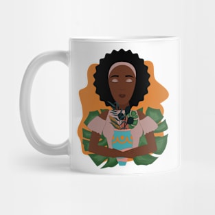 Cute African girl loves the nature and plants holding a vase of different leaves Mug